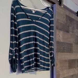 Roxy Teal and White Striped Long Sleeve Top